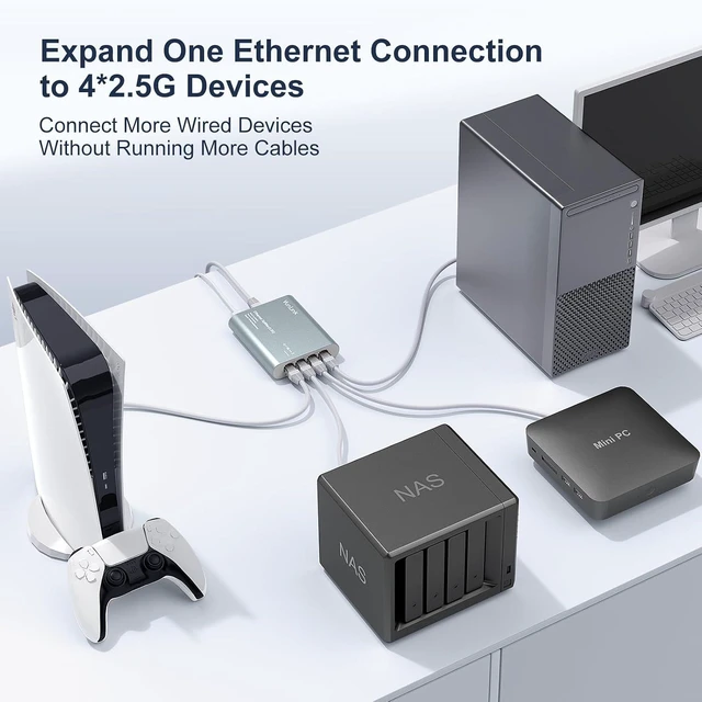 Alt view image 2 of 7 - 2.5G Ethernet Splitter Switch, 1 to 4 Port Network Expander RJ45