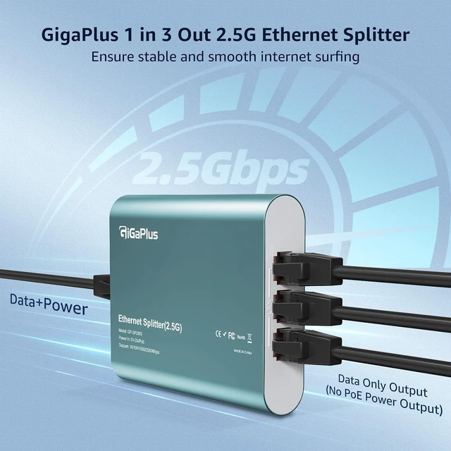 Alt view image 7 of 7 - 1 to 3 2.5G Ethernet Splitter, 4X2.5G High Speed Splitter with PoE Input