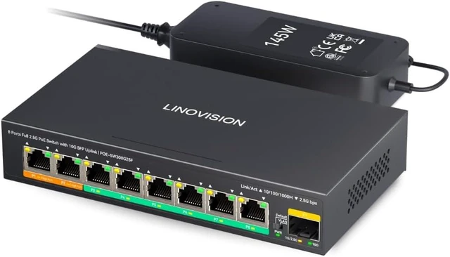 Main image of LINOVISION 8 Ports Full 2.5G PoE Switch with 10G SFP Uplink, 2 45W PoE Port