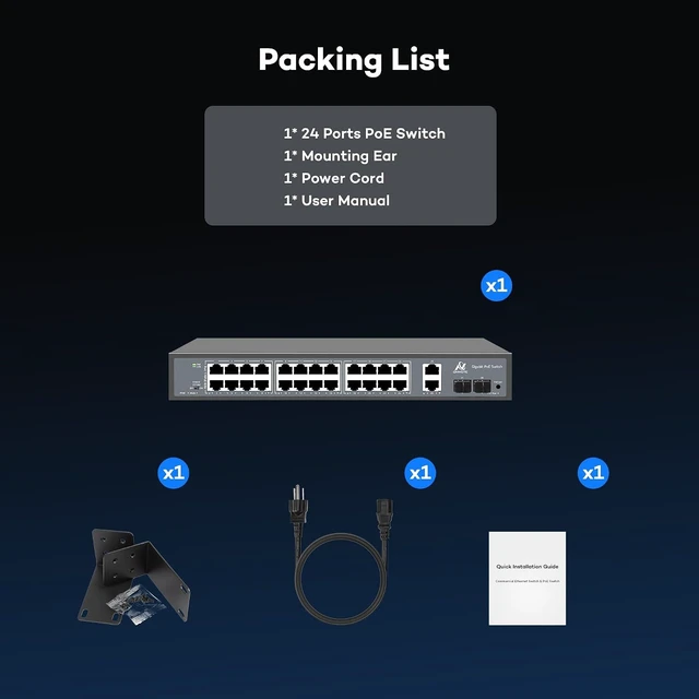Alt view image 7 of 7 - ONWOTE 24 Ports Gigabit PoE Switch 300W, 10/100/1000Mbps Self-Adaptive