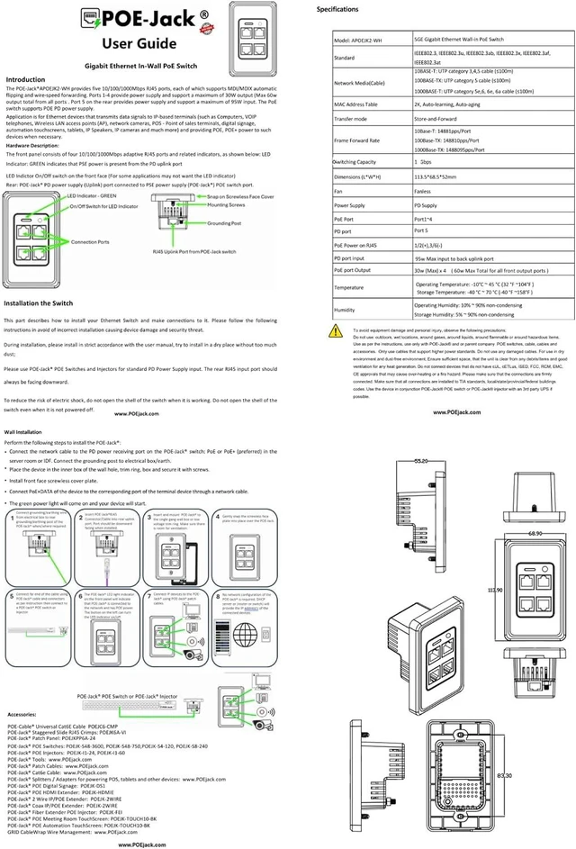 Alt view image 2 of 6 - Active PoE-Jack 4 Port in-Wall Gigabit PoE Ethernet Extender Switch Plate, IEEE 802.3bt Uplink, Passes VLAN, Extends Ethernet, Cameras, POS, WiFi AP, VoIP & More.1 Rear Port & 4 Ports Out the Front.