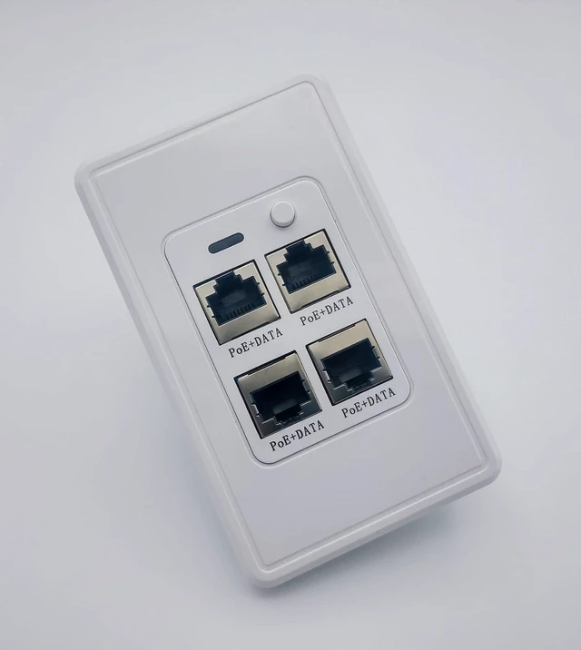 Alt view image 3 of 6 - Active PoE-Jack 4 Port in-Wall Gigabit PoE Ethernet Extender Switch Plate, IEEE 802.3bt Uplink, Passes VLAN, Extends Ethernet, Cameras, POS, WiFi AP, VoIP & More.1 Rear Port & 4 Ports Out the Front.