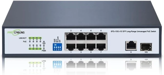 Main image of 1500ft 8 Port Long Range PoE+ Switch, PoE Extension with Continuous Run of cat5e/cat6, Fast Ethernet 10/100Mbps, 30W IEEE802.3at/af