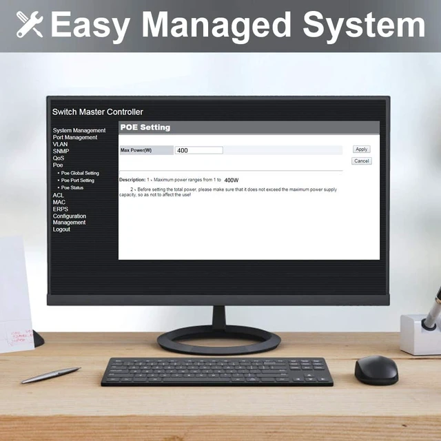 Alt view image 4 of 7 - 24-Port PoE Switch - Smart Managed Gigabit Switch, Up to 400W Power Supply, 4 Combo Ports, Web Management, SFP, VLAN, QoS and SNMP, Desktop/Rackmount