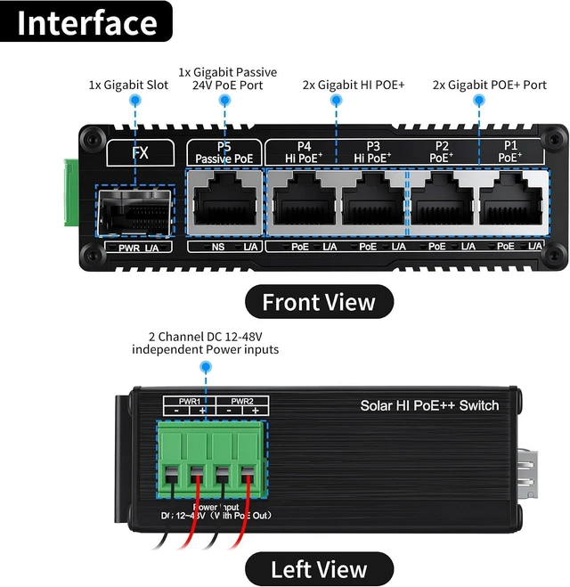 Alt view image 2 of 7 - Industrial 6 Ports Gigabit Ethernet POE++ Switch Solar Switch
