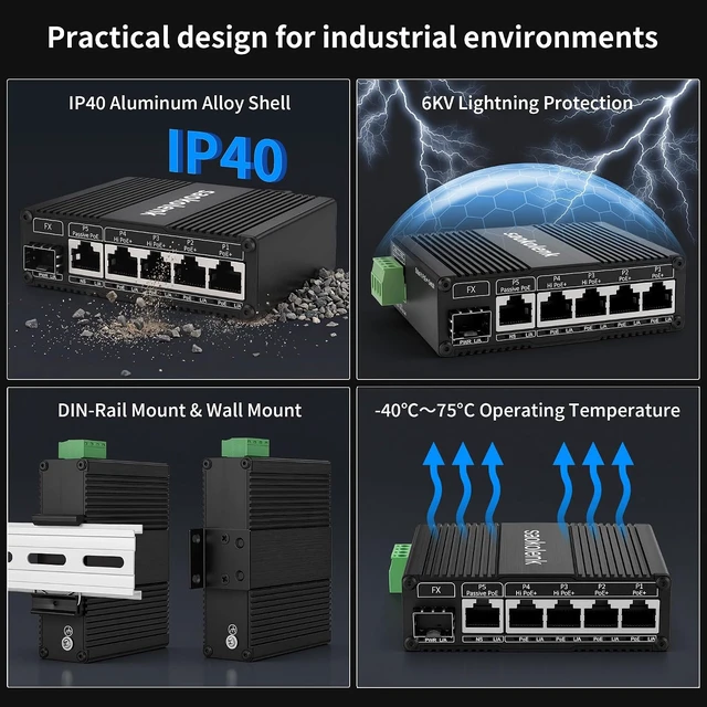 Alt view image 5 of 7 - Industrial 6 Ports Gigabit Ethernet POE++ Switch Solar Switch
