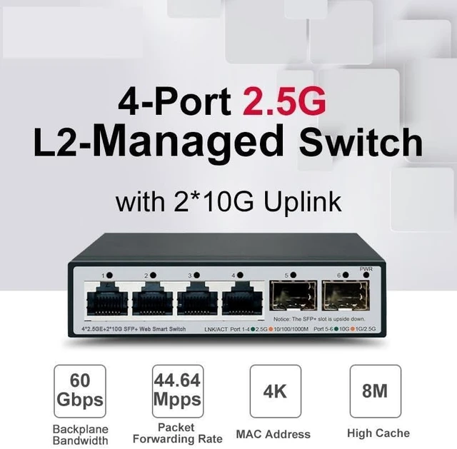 Alt view image 2 of 6 - 6-Port Switch, 2 * 10G SFP+ L2- 2.5Gbps Web Device, 6 L2- Ports, 2.5Gbps