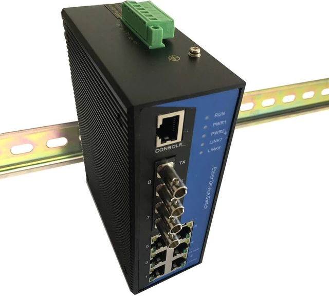 Main image of COMMFRONT Industrial 8-Port Managed Ethernet Switch/Redundant-Ring Fiber Optic Converter, Multi-Mode, ST connectors, 4X RJ45 Ethernet Ports, 2X MM/ST Fiber Ports