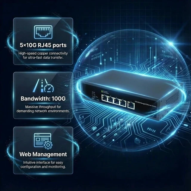 Alt view image 5 of 5 - Switch 10gbps Rj45 10g Web Managed 5 Ports Ethernet Switch