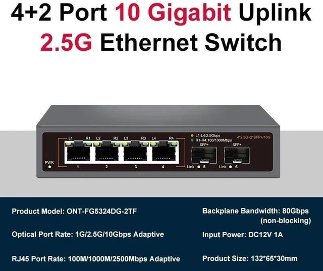 Alt view image 5 of 5 - 2.5GbE Switch 2.5GBASE-T 4 Port 2.5G RJ45 with 2 Port 10G SFP