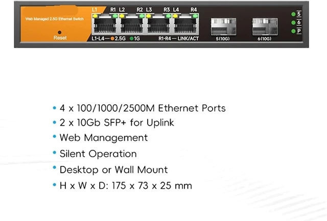 Alt view image 2 of 3 - 1 PCS 6-Port Multi-Gigabit Managed Switch with 4X 2.5Gb RJ45 and 2X 10G