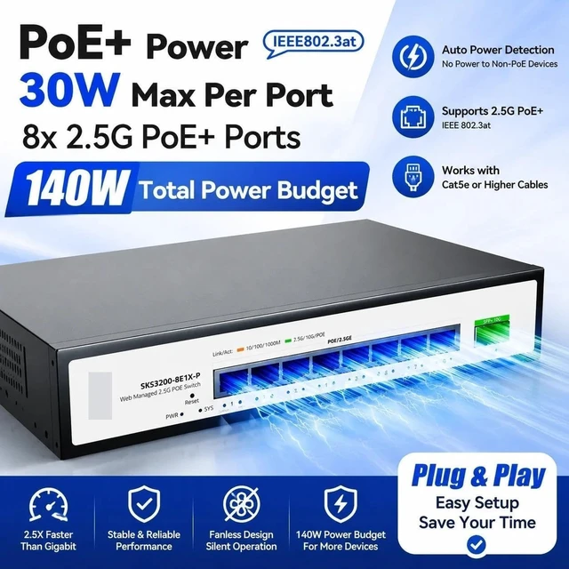 Alt view image 4 of 4 - SKS3200-8E1X-P 8-Port 2.5G PoE Managed Switch with 10G SFP
