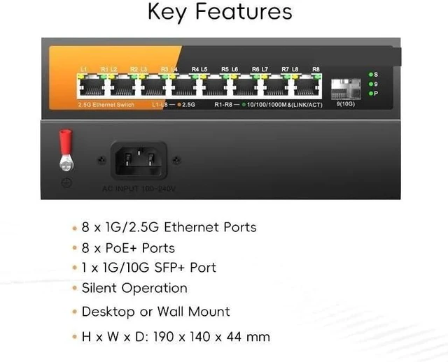 Main image of 9-Port Multi-Gigabit Ethernet Switch with 8-2.5Gb PoE Ports and 1-10Gb SFP
