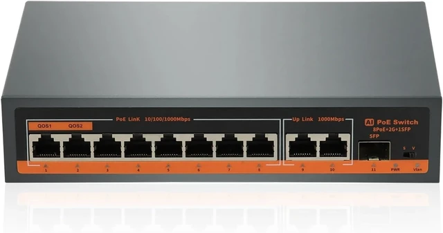 Alt view image 5 of 6 - 11-Port Gigabit AI PoE Switch 8 PoE 2 RJ45 1 SFP 120W Network Switch