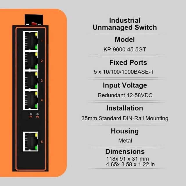 Main image of Industrial 5-Port Ethernet Switch DIN Rail IP40 Metal Housing