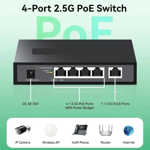 Alt view image 3 of 4 - 5 Port 2.5G POE Switch 65W POE Network Switch Plug and Play 48V POE