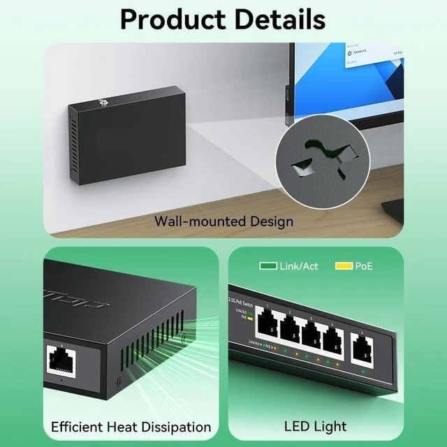 Alt view image 4 of 4 - 5 Port 2.5G POE Switch 65W POE Network Switch Plug and Play 48V POE
