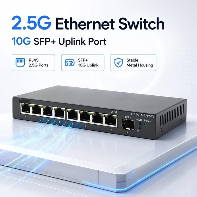 Alt view image 2 of 6 - 2.5G Optical Port Network Gigabit Switch, 2.5G RJ45(9-Port-US Plug)