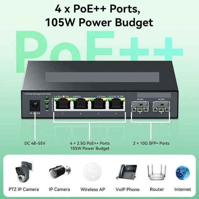 Alt view image 2 of 4 - 6 Port 2.5G Managed POE Switch,IEEE802.3af/at, 120W Metal Fanless 2.5Gb PoE Switch