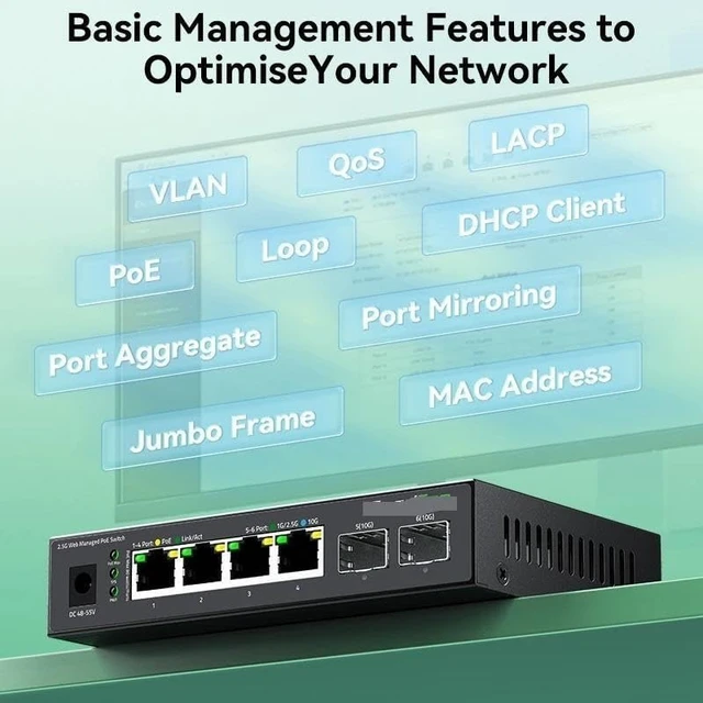 Alt view image 3 of 4 - 6 Port 2.5G Managed POE Switch,IEEE802.3af/at, 120W Metal Fanless 2.5Gb PoE Switch