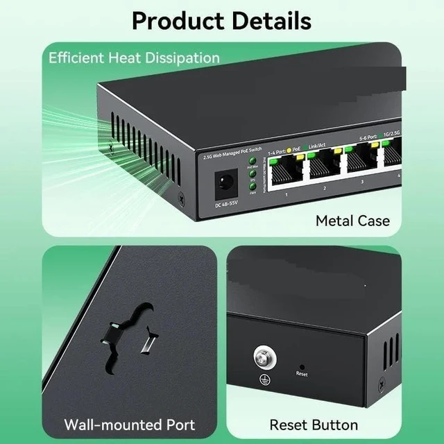 Alt view image 4 of 4 - 6 Port 2.5G Managed POE Switch,IEEE802.3af/at, 120W Metal Fanless 2.5Gb PoE Switch