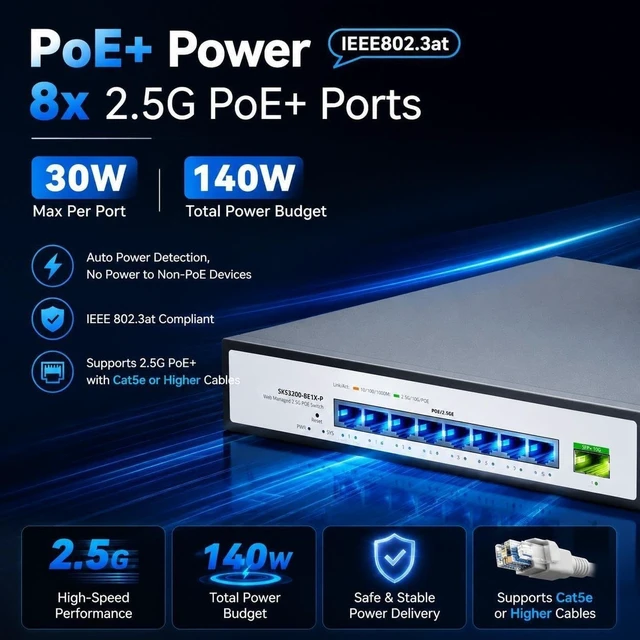 Alt view image 3 of 7 - SKS3200-8E1X-P 8x2.5G PoE+ Layer2 Managed Switch Single 10G SFP