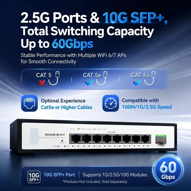 Alt view image 4 of 7 - SKS3200-8E1X-P 8x2.5G PoE+ Layer2 Managed Switch Single 10G SFP