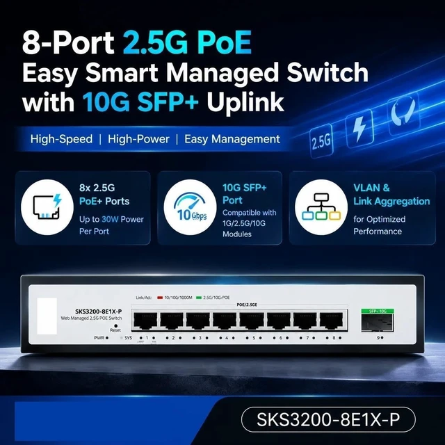 Alt view image 2 of 7 - SKS3200-8E1X-P 8x2.5G PoE+ Layer2 Managed Switch Single 10G SFP