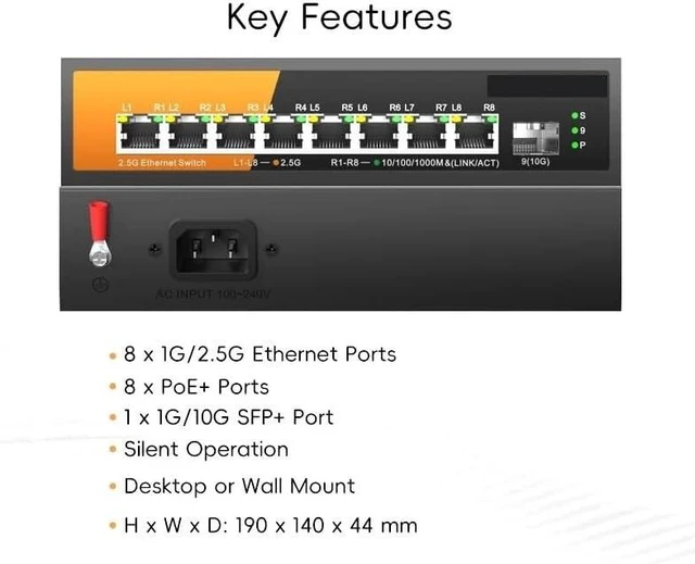 Main image of 9-Port Multi-Gigabit Ethernet Switch with 8-2.5Gb PoE Ports and 1-10Gb SFP(Switch with EU Plug)