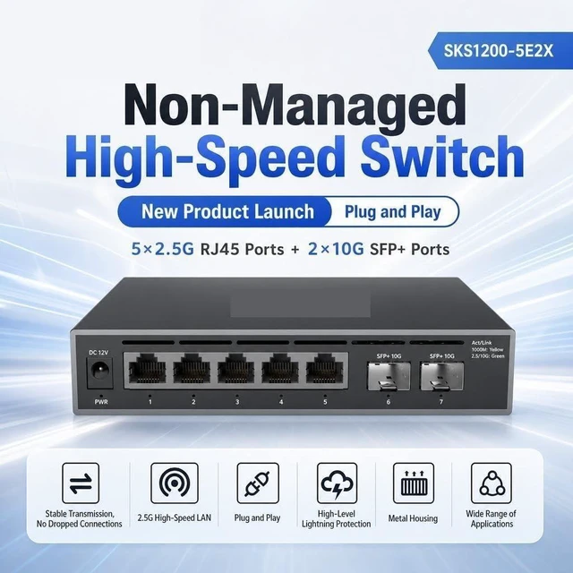 Main image of 5-Port 2.5GbE Switch with 2×10G SFP+ Unmanaged Switch Plug & Play