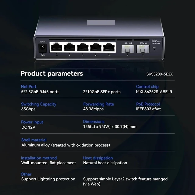 Alt view image 5 of 5 - SKS3200-5E2X Managed 2.5G Switch 52.5G RJ45 210G SFP