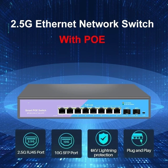 Alt view image 2 of 6 - 2.5G POE Netowrk Switch 8 Port 2.5G Ethernet 2X 10G SFP Plug & Play