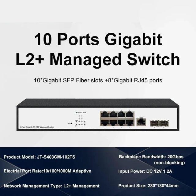 Main image of L2+Managed Switch with 2*1000M SFP and 8*100/1000M RJ45 Network Switch(JT-S403CM-102TS)