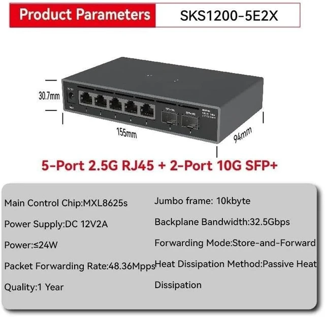 Alt view image 4 of 6 - 2.5G Ethernet Switch, 5 x 2.5G Ports + 2 x 10G SFP+ Uplink, Plug & Play
