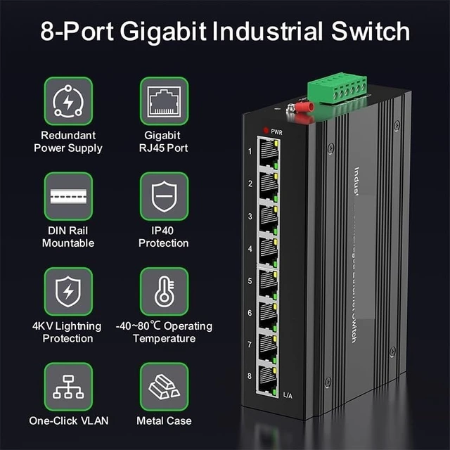 Alt view image 2 of 6 - 8 Port Gigabit Switch with DIN Rail 15W Power Supply 1000M Ethernet