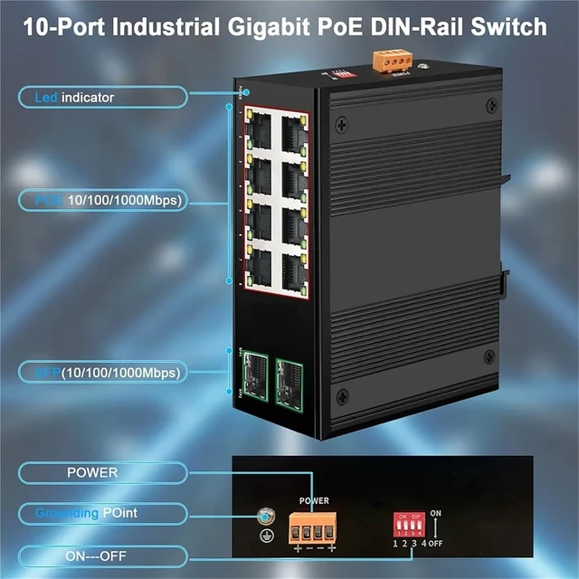 Alt view image 3 of 7 - 10/100/1000Base-T DIN IP40 Outdoor Network Switch(8POE 2RJ45 1SFP)