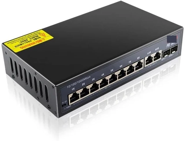 Alt view image 4 of 4 - 12-Port Gigabit Ethernet Switch with 8-PoE Ports and 2-RJ45 and 2-SFP Uplink Plug and Play