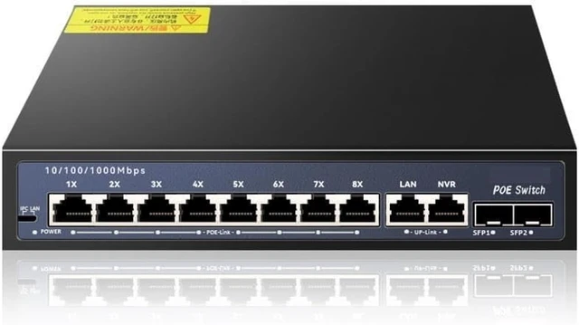 Alt view image 3 of 4 - 12-Port Gigabit Ethernet Switch with 8-PoE Ports and 2-RJ45 and 2-SFP Uplink Plug and Play