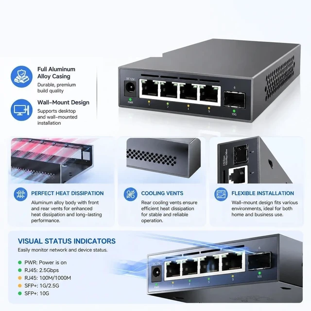Alt view image 4 of 4 - SKS1200-5E2X Unmanaged Switch Ethernet 5X 2.5G RJ45 Ports2x 10G SFP