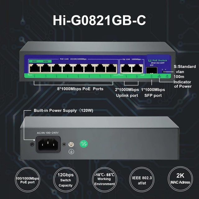 Alt view image 2 of 6 - 8 Port POE Switch Active 48V Supply Ethernet 100/1000Mbps Nerwork Switch(Hi-G0821GB-C)