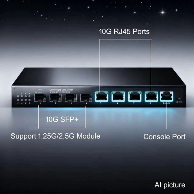 Alt view image 3 of 7 - 4*SFP+ and 4RJ45 Full 10Gbps 8 Ports L3 Network Switch(Non POE)