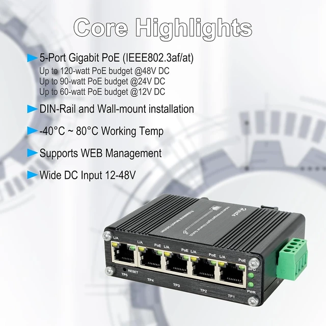 Alt view image 2 of 7 - Mini Hardened Industrial Managed 5-Port Gigabit PoE+ Ethernet Switch