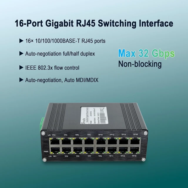Alt view image 2 of 7 - Hardened Industrial Gigabit 16-Port Ethernet Switch 12-48VDC Power Input