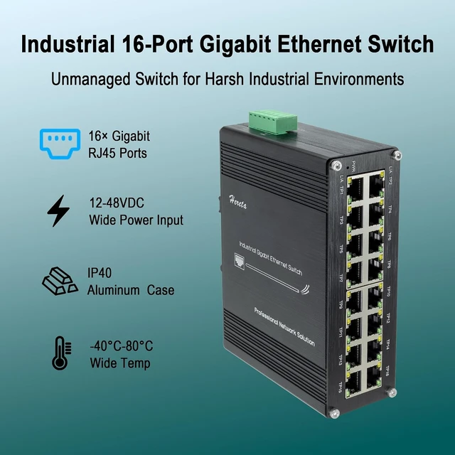 Alt view image 3 of 7 - Hardened Industrial Gigabit 16-Port Ethernet Switch 12-48VDC Power Input
