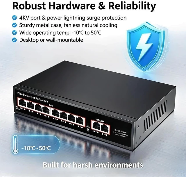 Alt view image 7 of 7 - 10-Port Gigabit Cloud Managed PoE Switch, 8xPoE+ 120W,