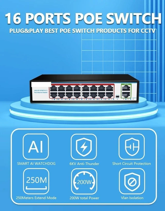 Alt view image 6 of 6 - 1000M GIGABIT POE Switch 16 Ports PoE 48V 15W 30W 802.3af 802.3at Ethernet