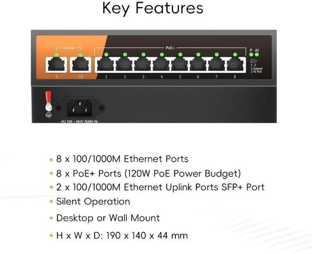 Alt view image 3 of 5 - 10-Port Gigabit PoE Switch 8 Port PoE+ 2 Uplink 135W Plug and Play
