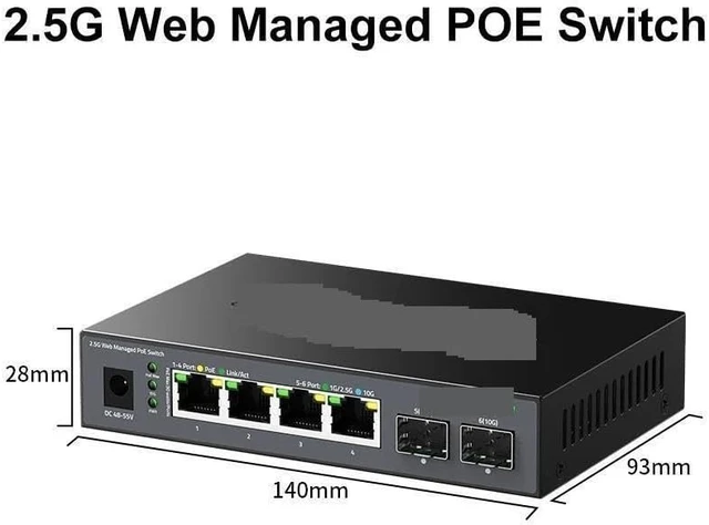 Alt view image 2 of 7 - 6 Port POE Switch 2.5G Managed,IEEE802.3af/at,120W Fanless 2.5Gb PoE Switch
