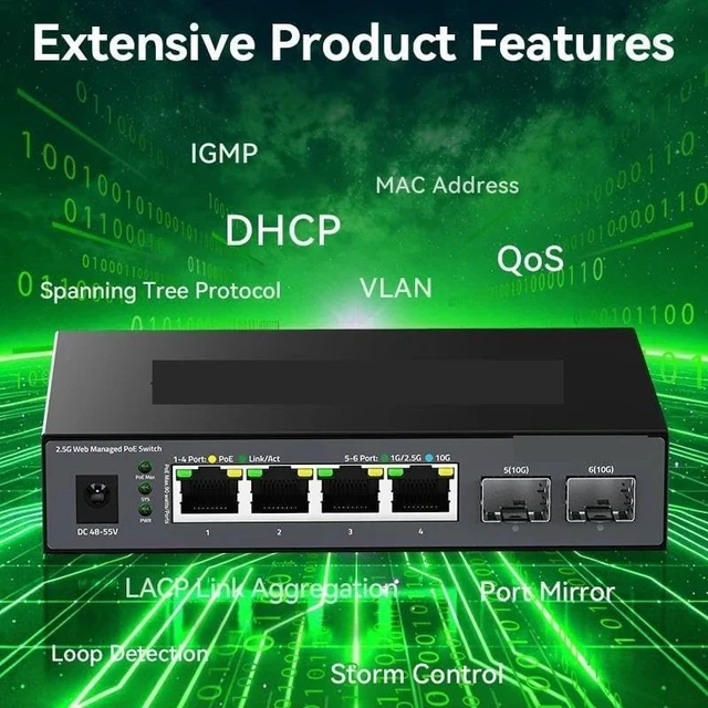 Alt view image 5 of 7 - 6 Port POE Switch 2.5G Managed,IEEE802.3af/at,120W Fanless 2.5Gb PoE Switch