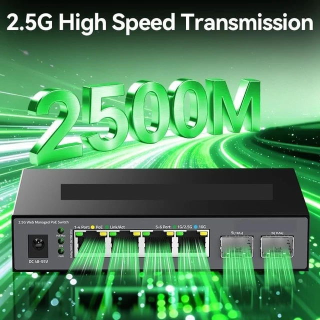 Alt view image 4 of 7 - 6 Port POE Switch 2.5G Managed,IEEE802.3af/at,120W Fanless 2.5Gb PoE Switch